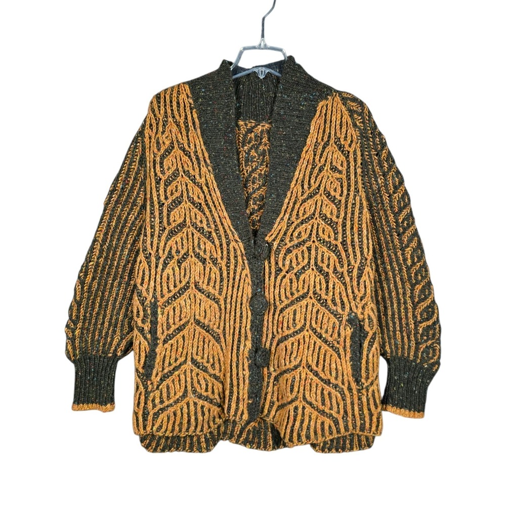 Vintage Cardigan Sweater Womens XL Brioche Chunky Hand Knit Oversized Shawl Wool